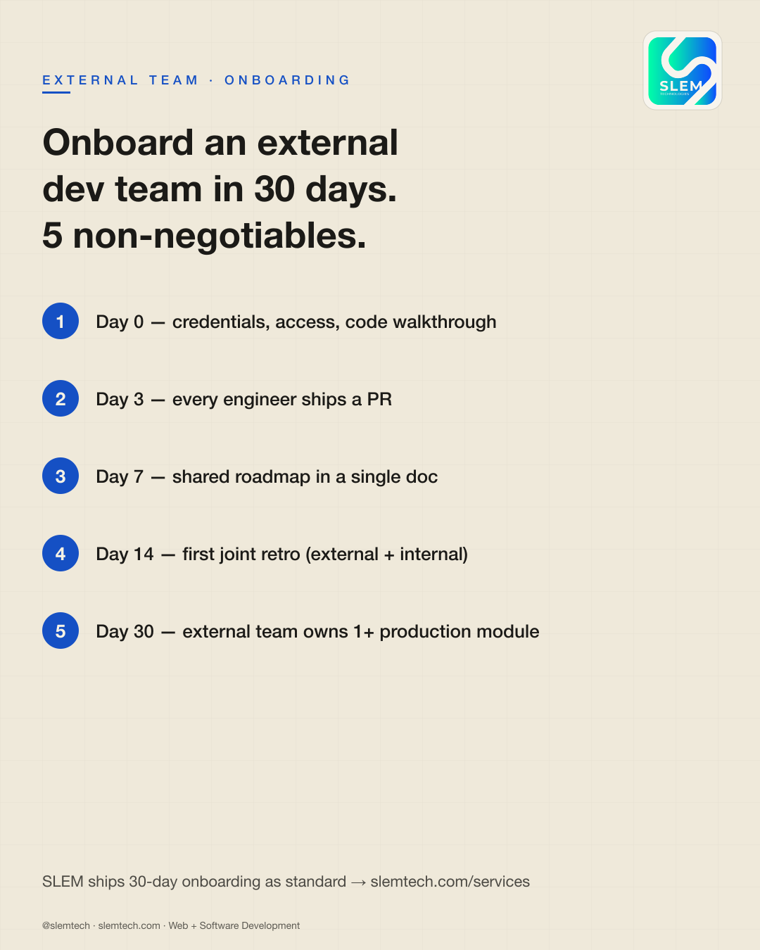 Onboarding an external dev team in 30 days — SLEM Technologies