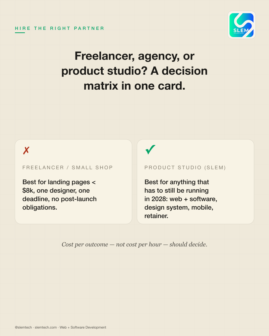 Freelancer vs agency vs product studio — SLEM Technologies
